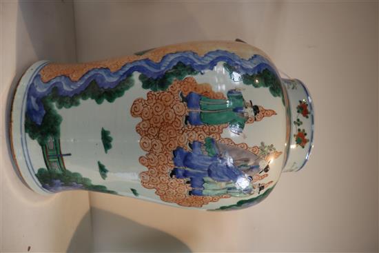 A Chinese wucai baluster vase, 19th century, H.39cm, cracks